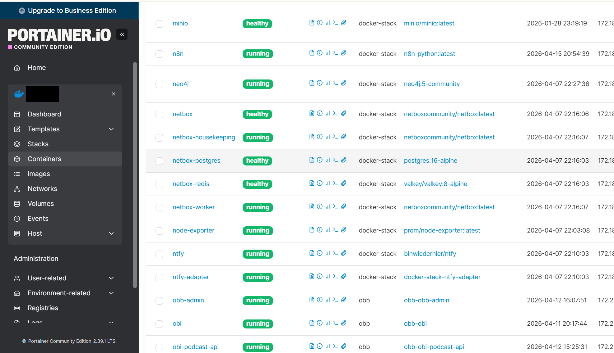 Portainer Docker container overview screenshot