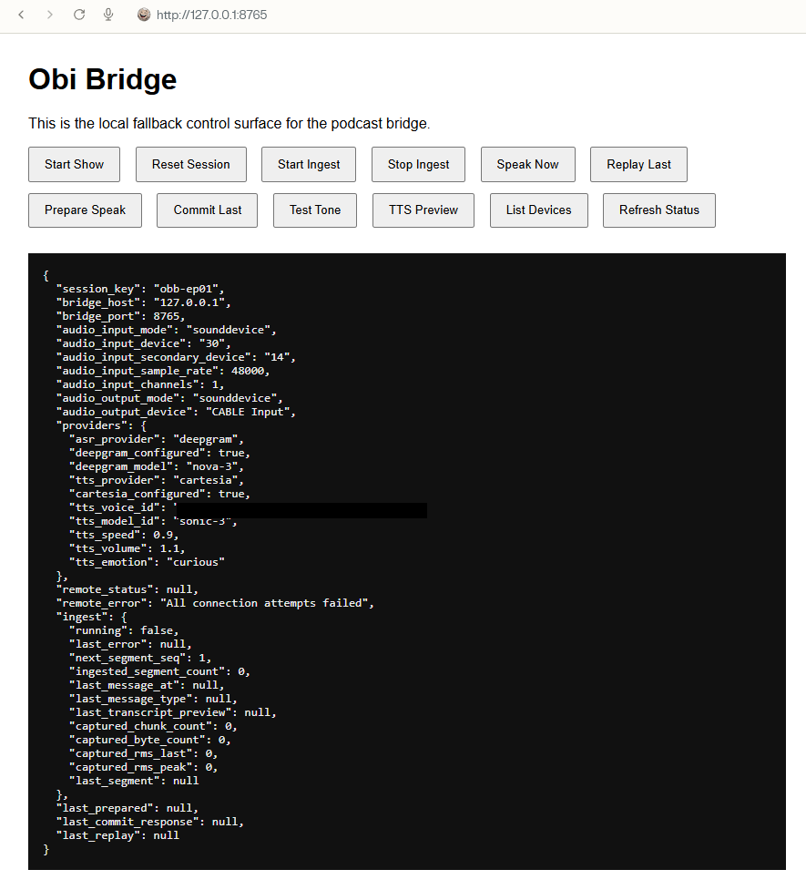 Obi podcast bridge and AI participant interface screenshot
