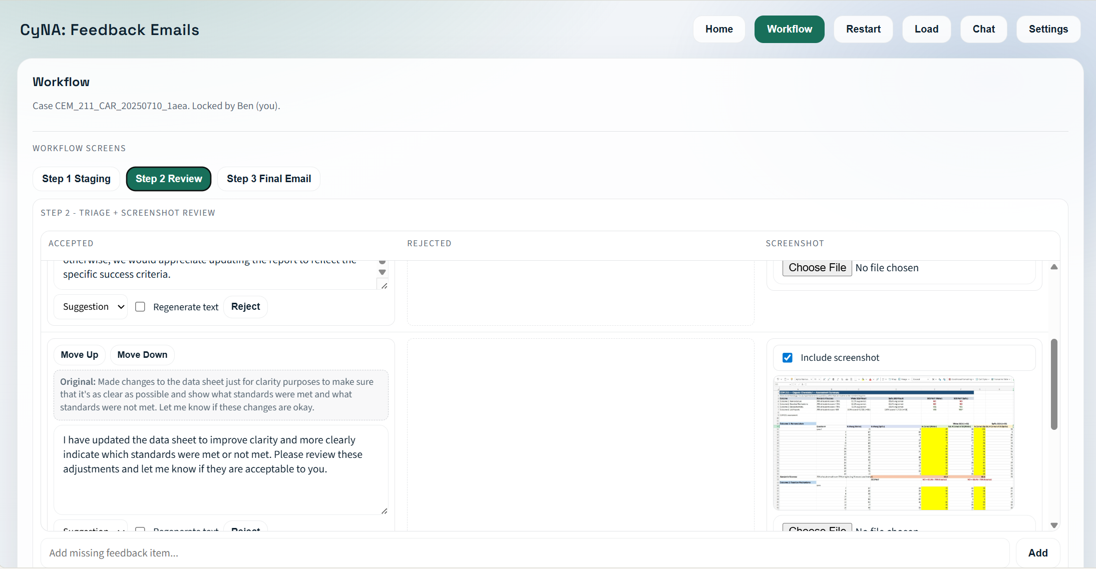 Faculty feedback workflow review screenshot